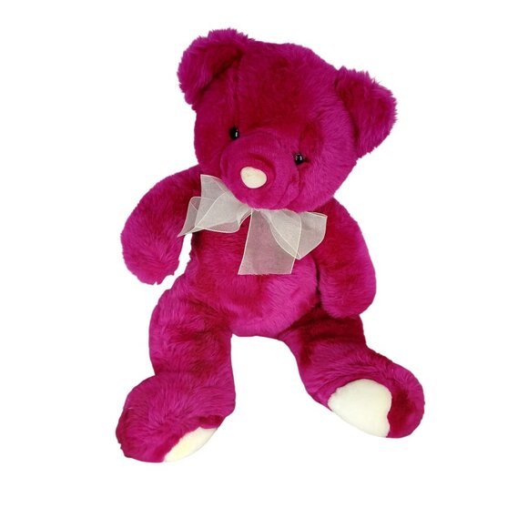 Plush Fuchsia Teddy Bear‎ With Sheer White Ribbon Bow 15 Inches - Picture 1 of 5